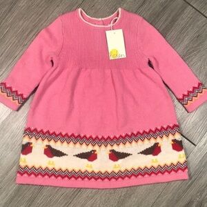 Baby Boden NWT Pink Fair Isle Bird Long Sleeve Sweater Dress size 6-9months